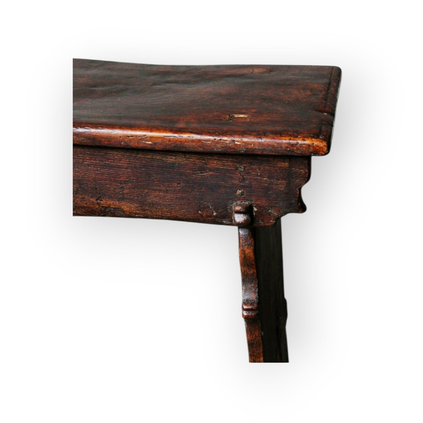 16th Century English Gothic Antique Elm Boarded Stool, with Witch Mark / Apotropaic Mark