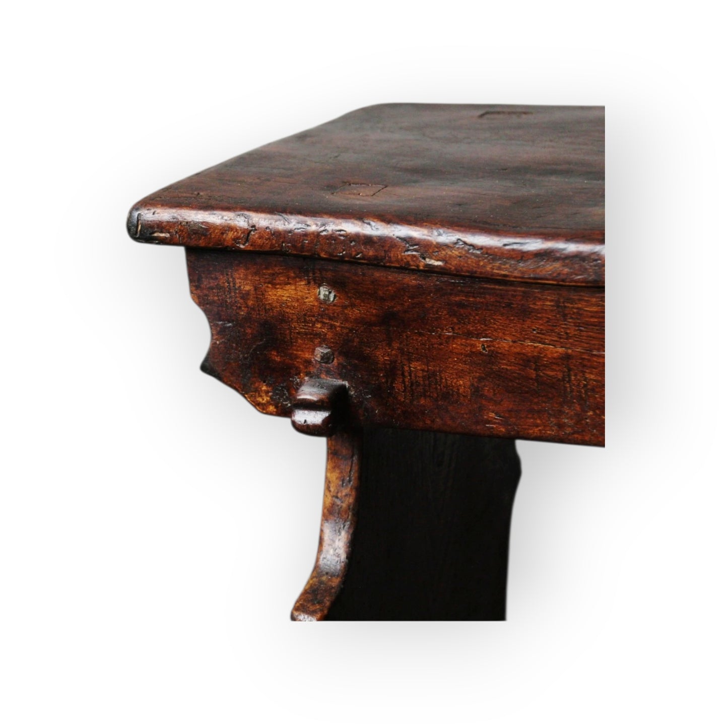 16th Century English Gothic Antique Elm Boarded Stool, with Witch Mark / Apotropaic Mark
