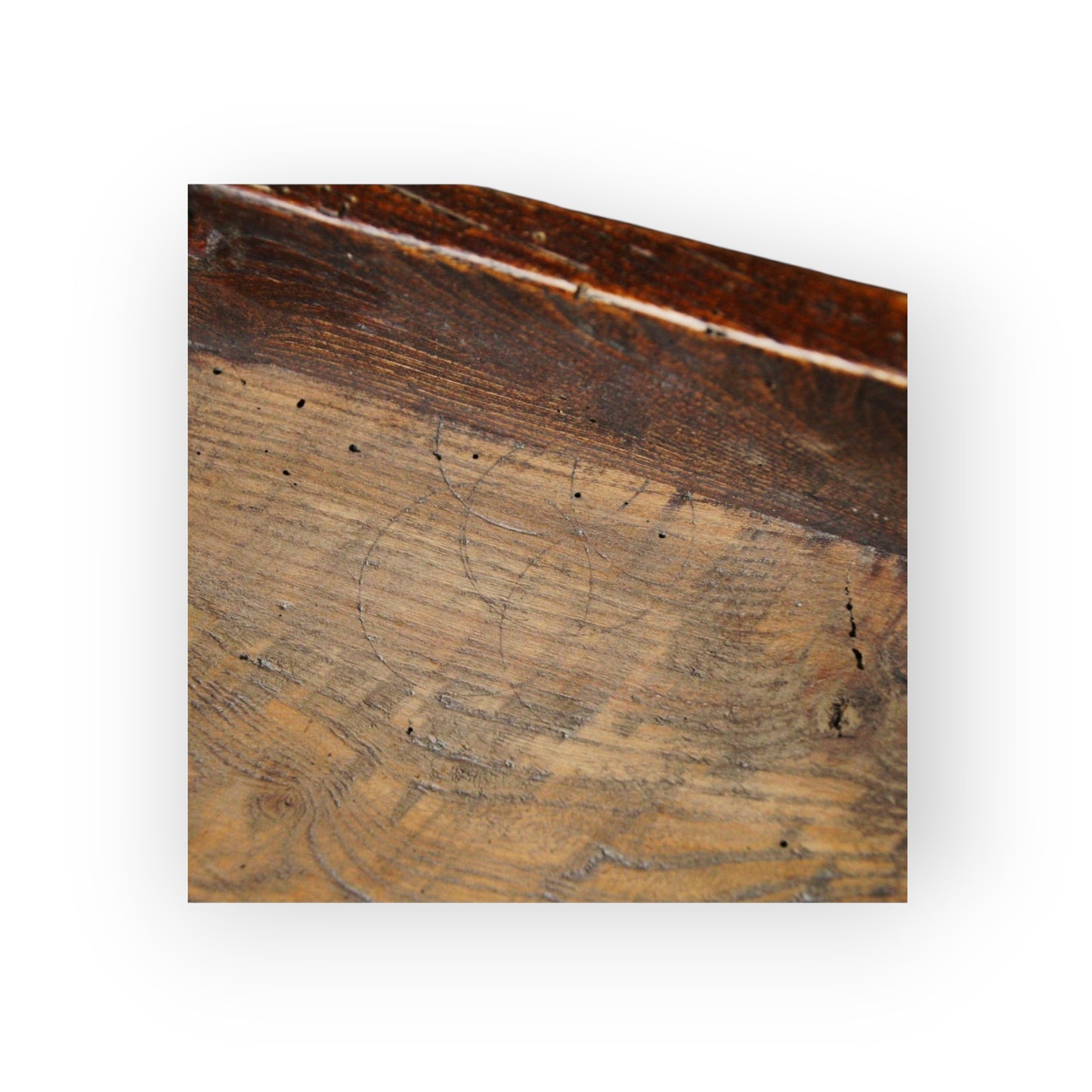 16th Century English Gothic Antique Elm Boarded Stool, with Witch Mark / Apotropaic Mark