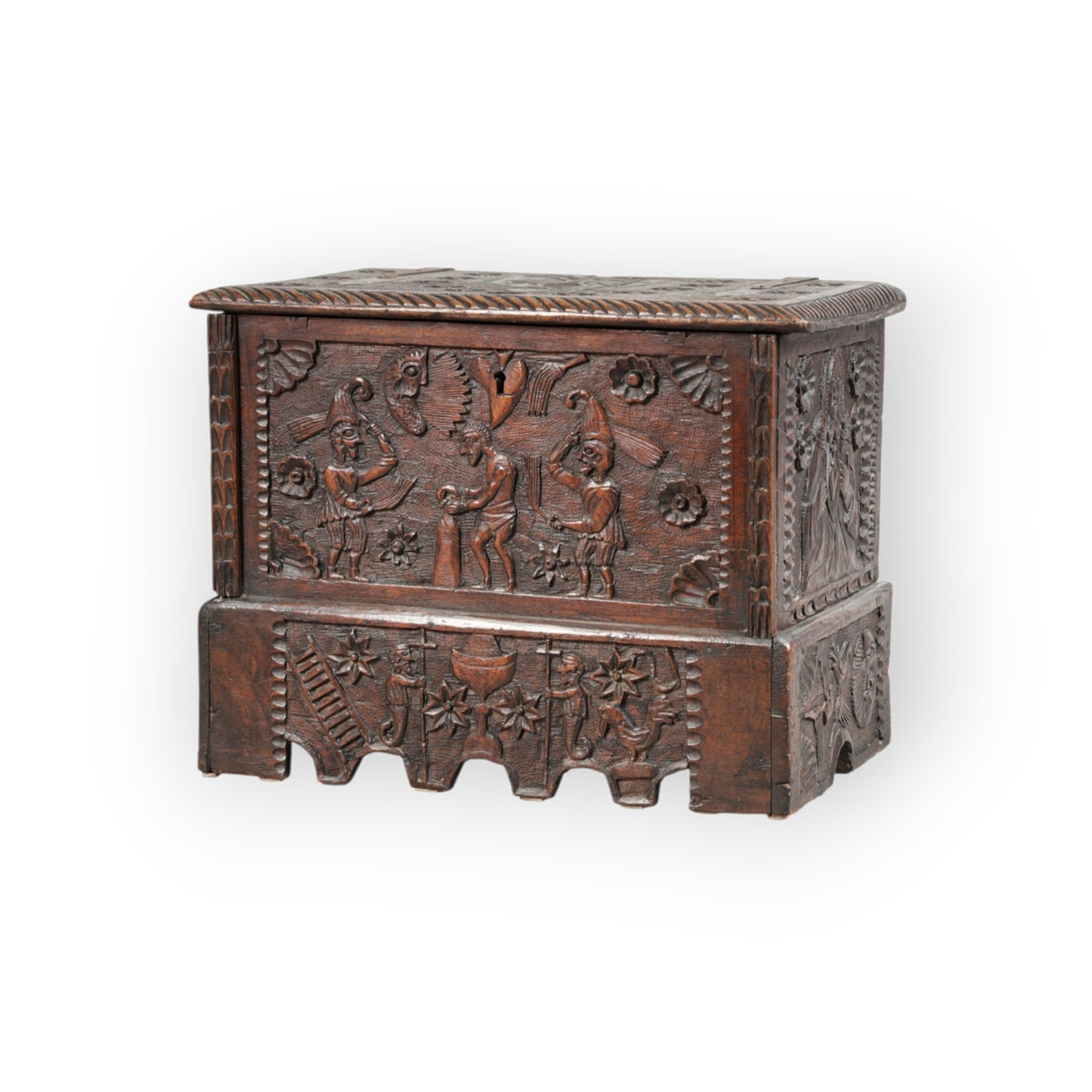 A Small 17th/18th Century Spanish Antique Folk Art Carved Coffer