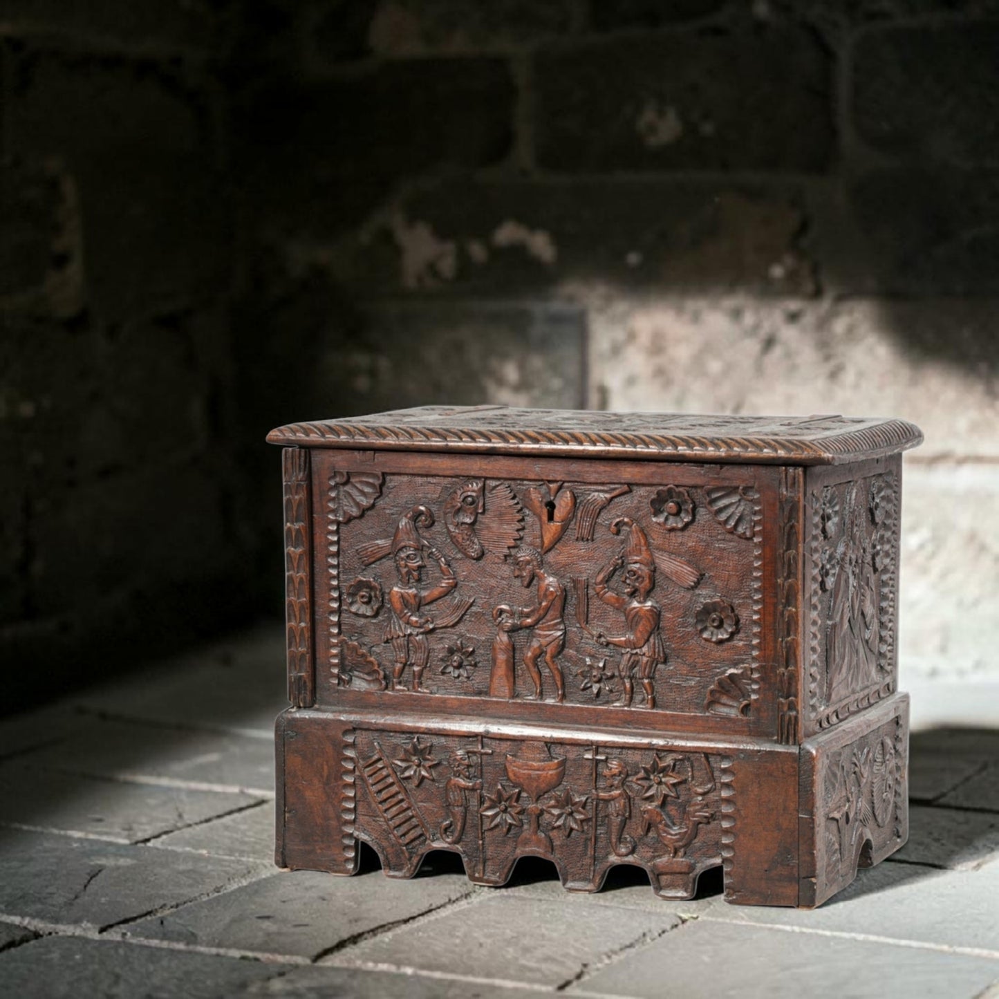 A Small 17th/18th Century Spanish Antique Folk Art Carved Coffer