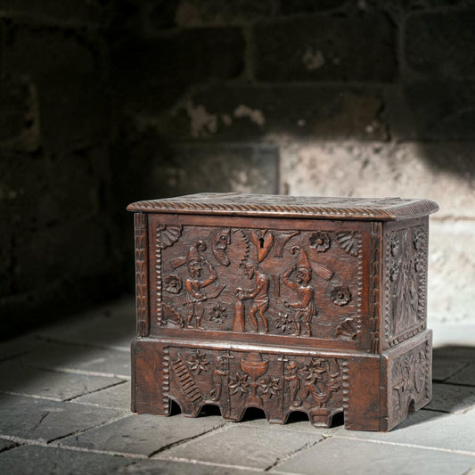 A Small 17th/18th Century Spanish Antique Folk Art Carved Coffer