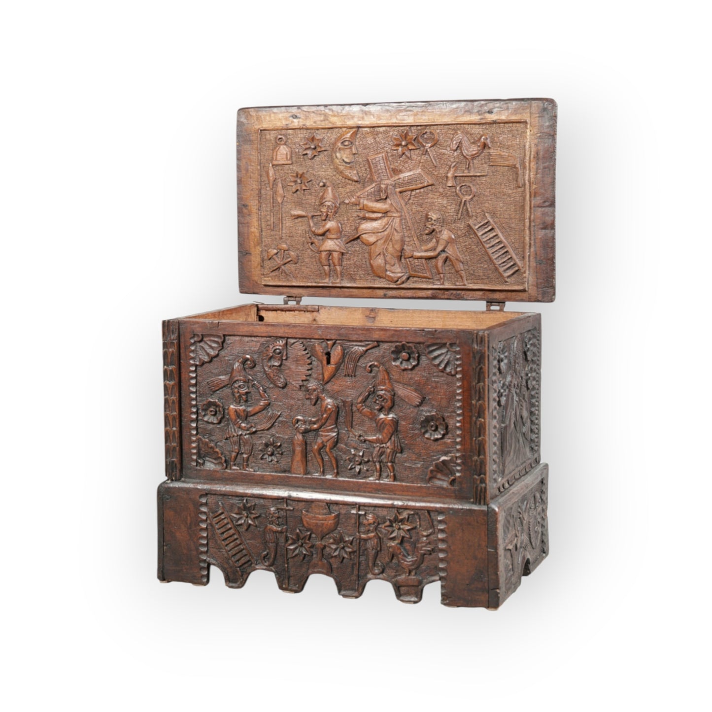 A Small 17th/18th Century Spanish Antique Folk Art Carved Coffer