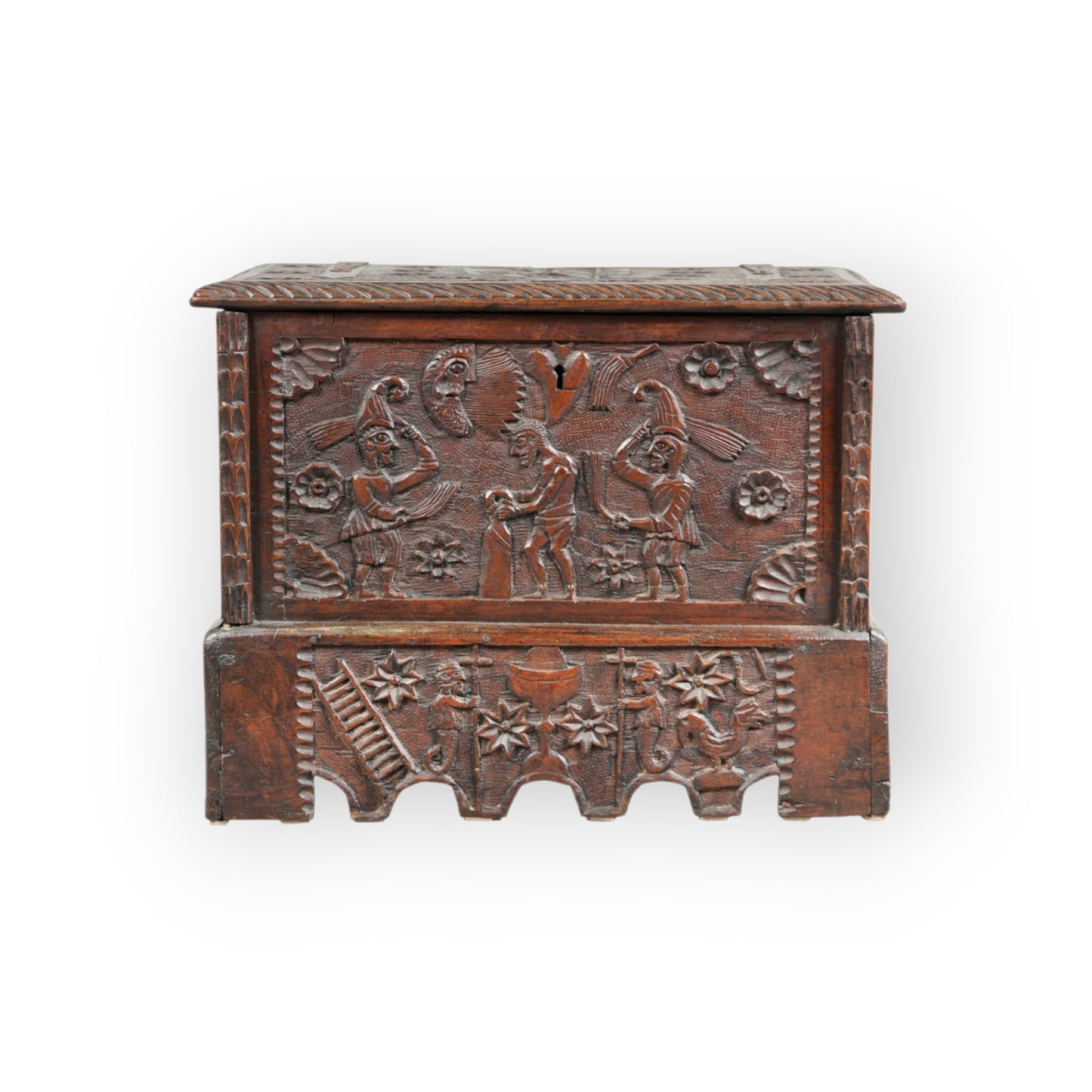 A Small 17th/18th Century Spanish Antique Folk Art Carved Coffer