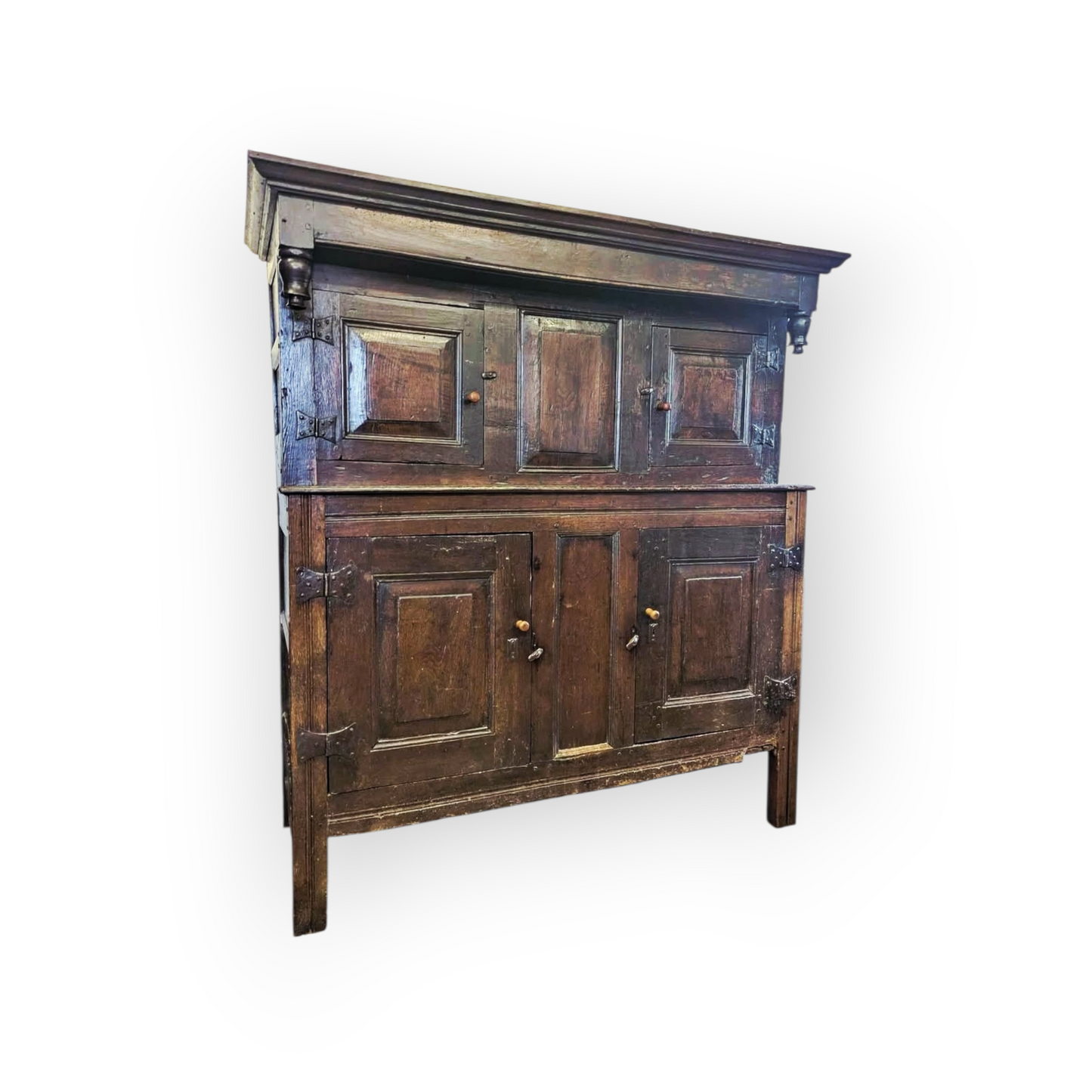17th-Century English Antique Oak Court Cupboard of Small Proportions with Original Iron Butterfly Hinges