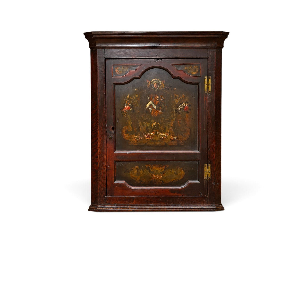A Mid-18th-Century Welsh Antique Oak Hanging Corner Cupboard with Armorial Painted Door, c.1750–1770, The Armorial Panel Representing The Bulkeleys of Anglesey & The Williams Family of North Wales