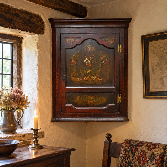 Mid-18th-century Welsh oak armorial corner cupboard shown in a styled period cottage interior