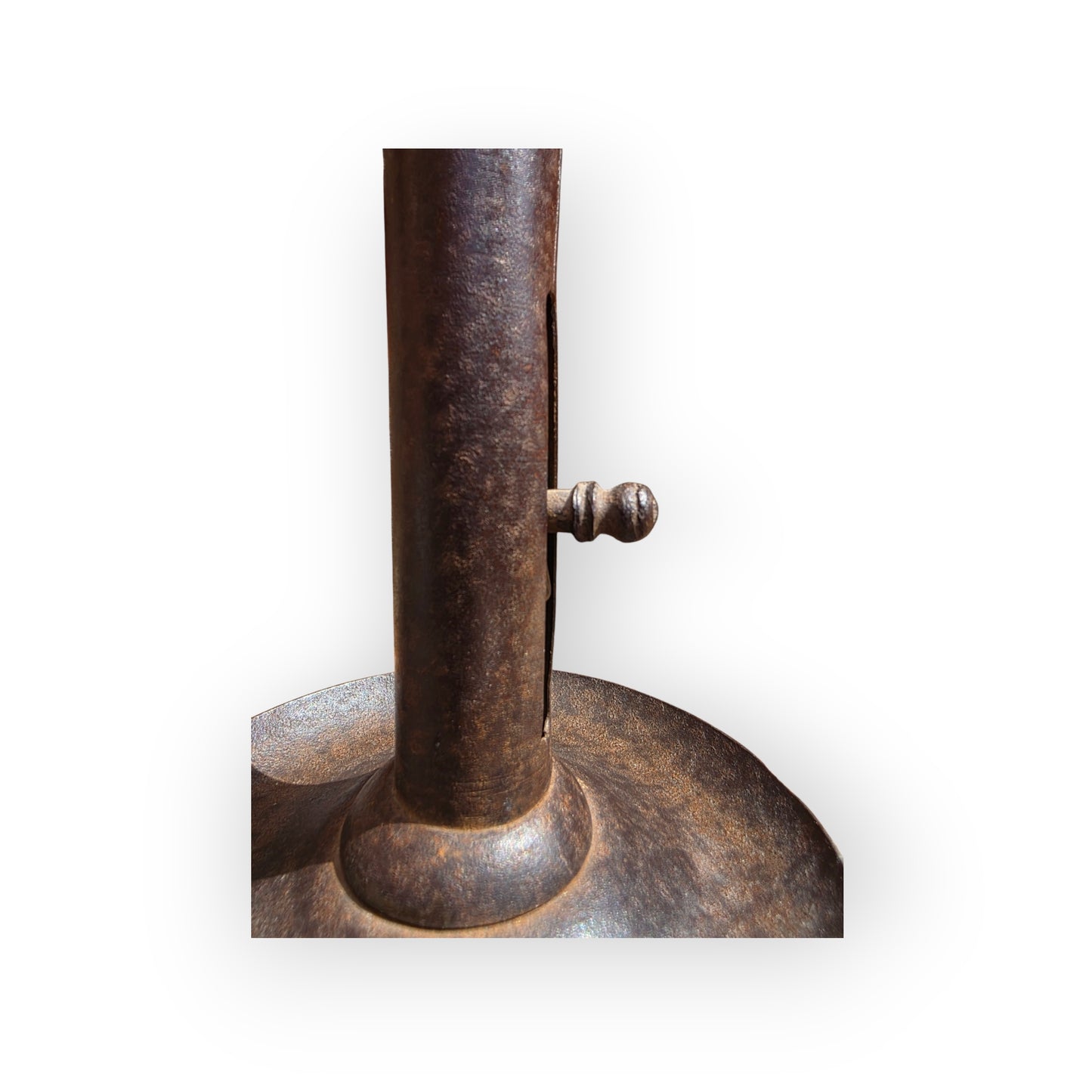 Holt Antiques at Walsingham Mill adjustable iron candle holder with a rustic dark distressed patina and thumb-piece