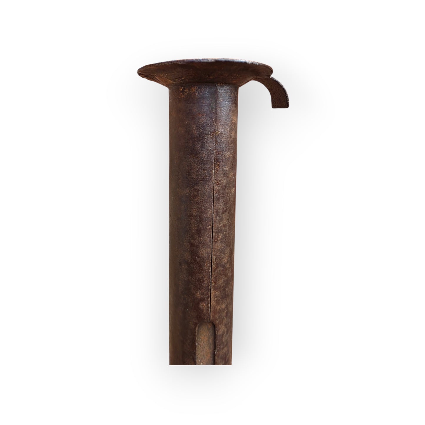 Holt Antiques at Walsingham Mill adjustable iron candle holder with a weathered dark patina and sliding thumb-piece.