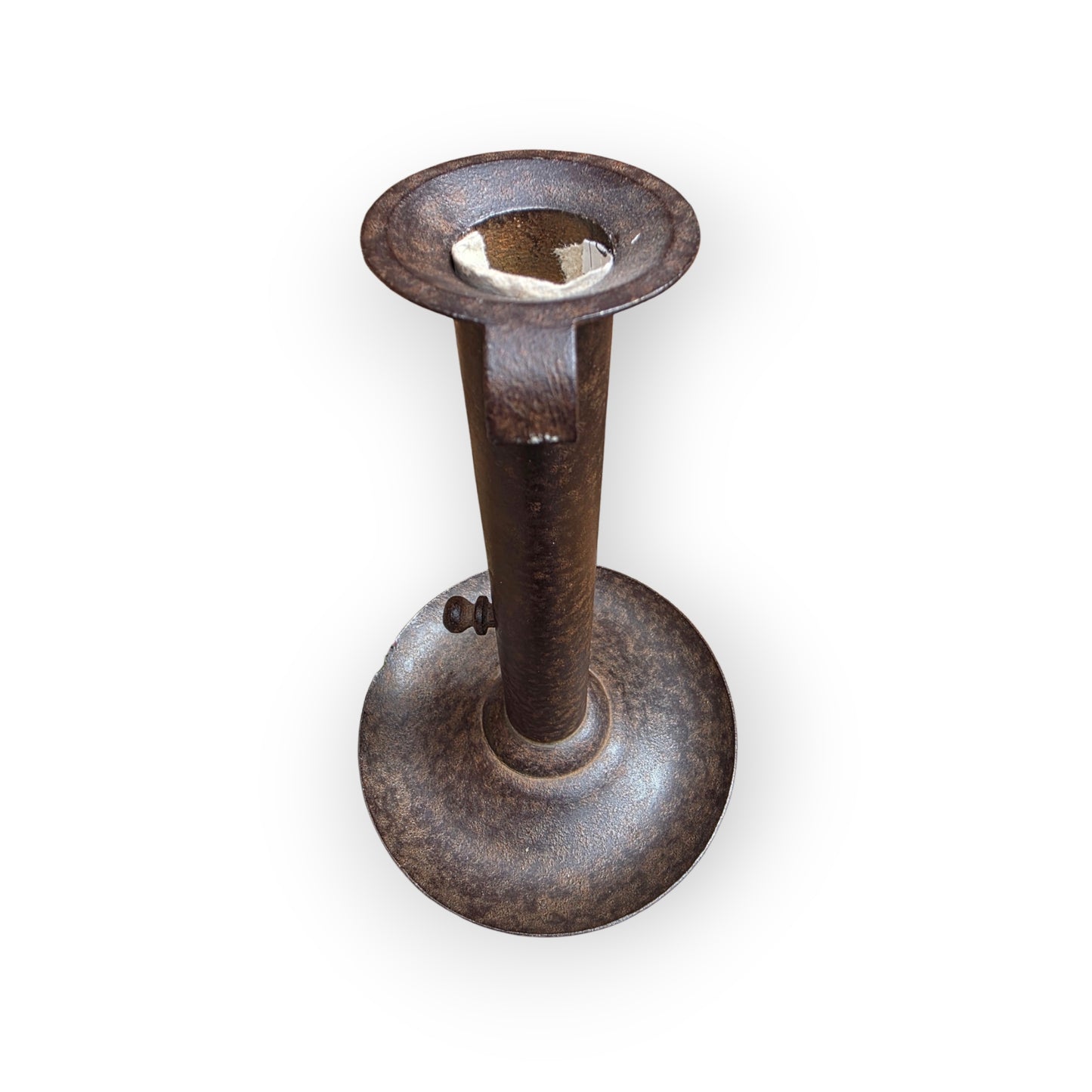 Holt Antiques at Walsingham Mill adjustable iron candle holder with a distressed dark patina and sliding thumb-piece.