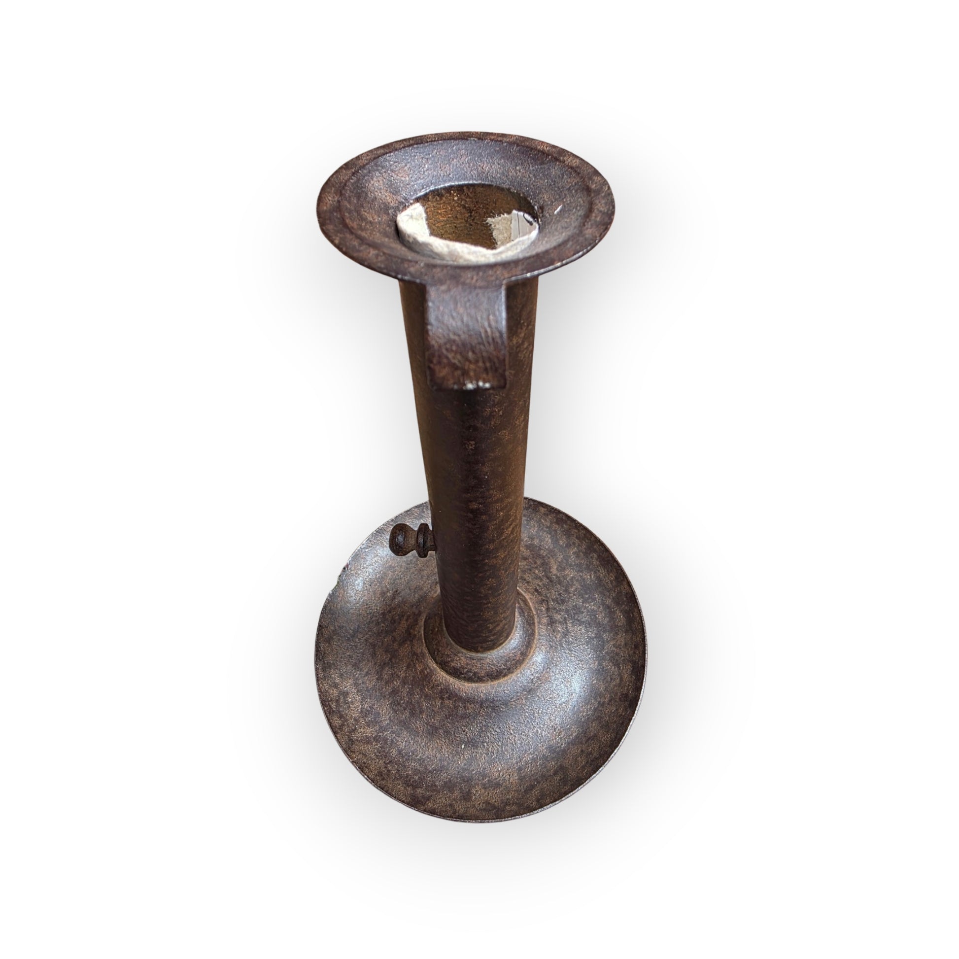 Holt Antiques at Walsingham Mill adjustable iron candle holder with a distressed dark patina and sliding thumb-piece.
