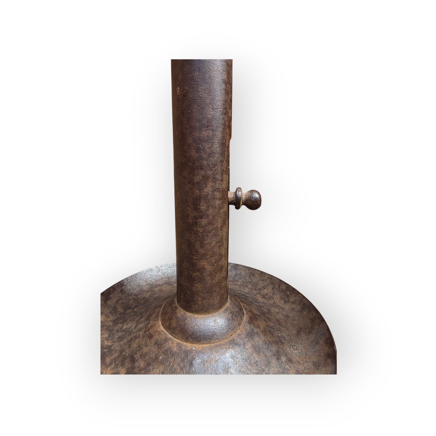 Holt Antiques at Walsingham Mill adjustable iron candle holder base with a weathered dark patina and sliding mechanism