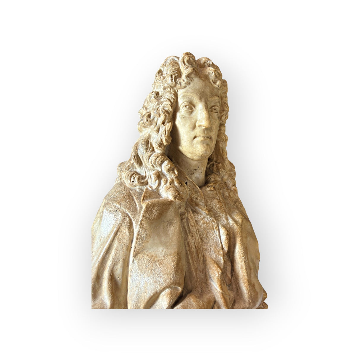 Holt Antiques at Walsingham Mill neoclassical bust of Jean Racine in aged stone-effect finish with period wig and robes