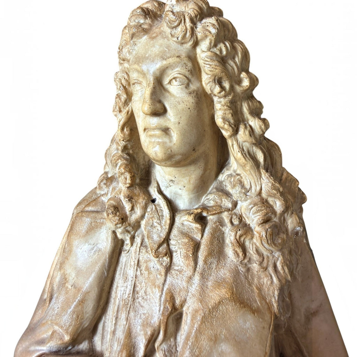 Holt Antiques at Walsingham Mill neoclassical bust of Jean Racine with an aged stone-effect patina and period wig.