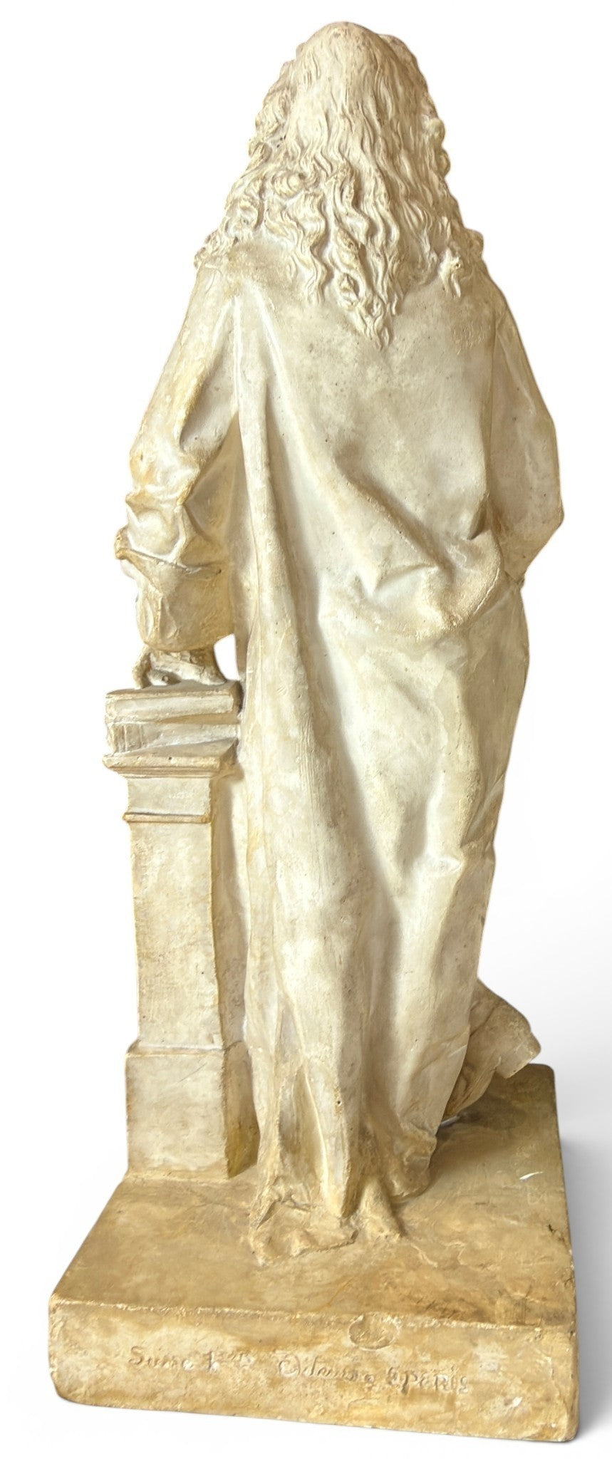 Rear view of a Holt Antiques at Walsingham Mill neoclassical Jean Racine figurine in aged stone-effect finish.
