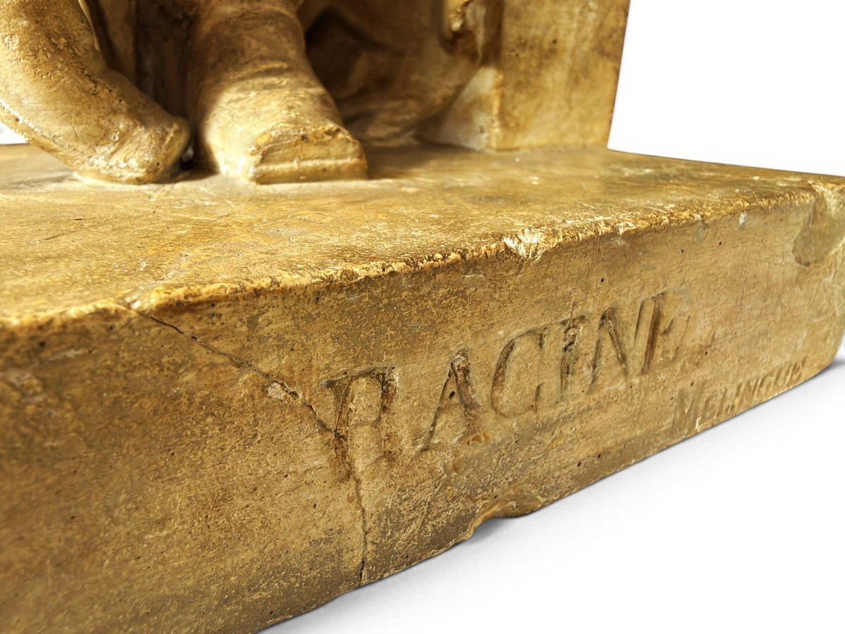 Holt Antiques at Walsingham Mill neoclassical Jean Racine figurine base with engraved name in aged stone-effect finish