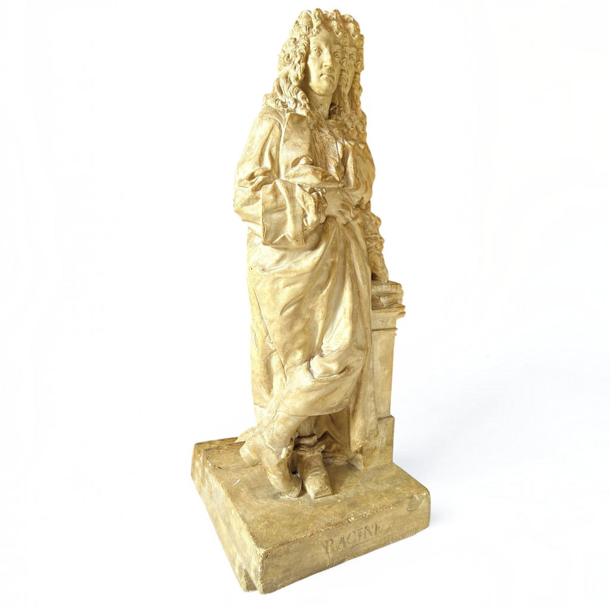 Holt Antiques at Walsingham Mill neoclassical Jean Racine figurine in aged stone finish with period attire and wig.