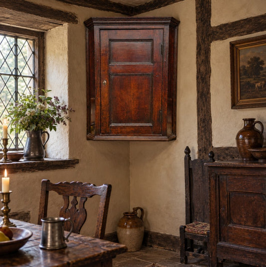 A Late 18th Century George III Welsh Antique Oak Hanging Corner Cupboard With Twin-Panelled Front