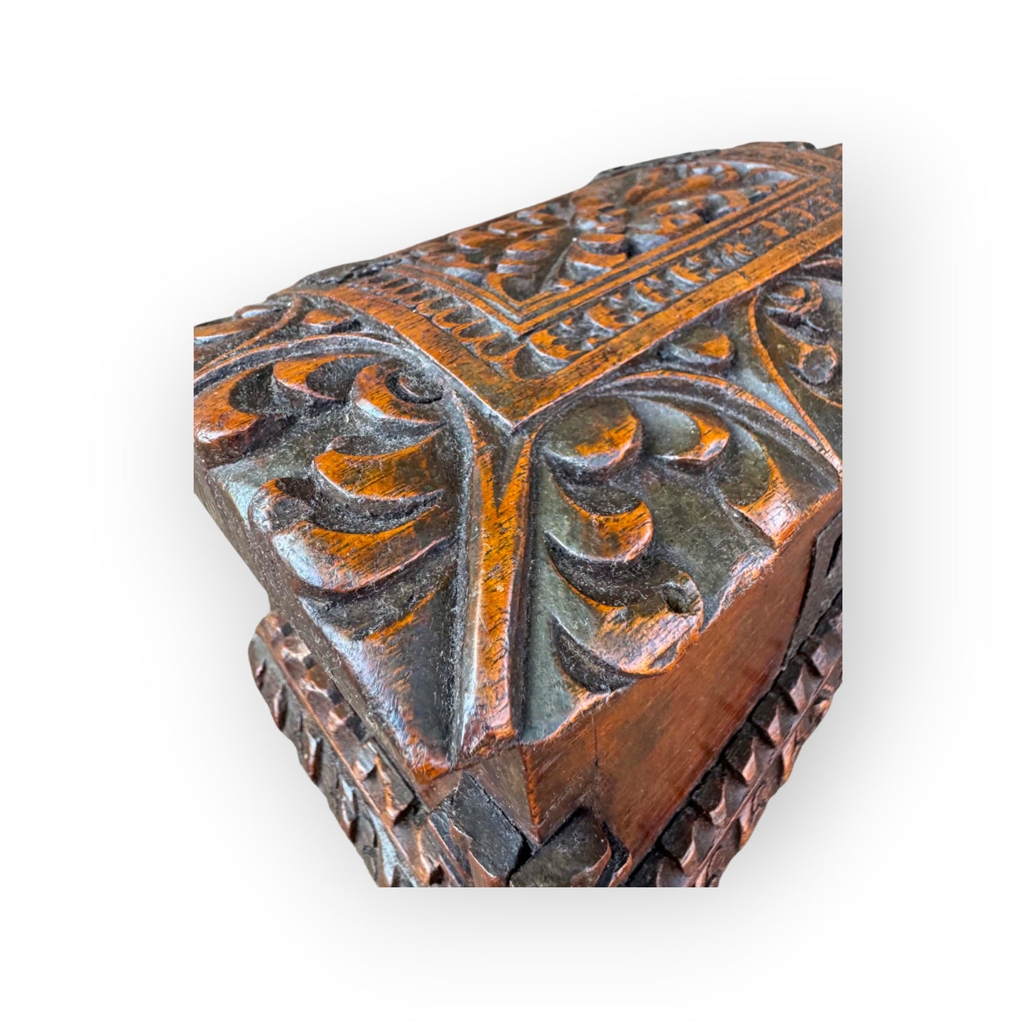 A Rare 17th Century Continental Antique Carved Walnut Table Casket with Original Ironwork, circa 1650