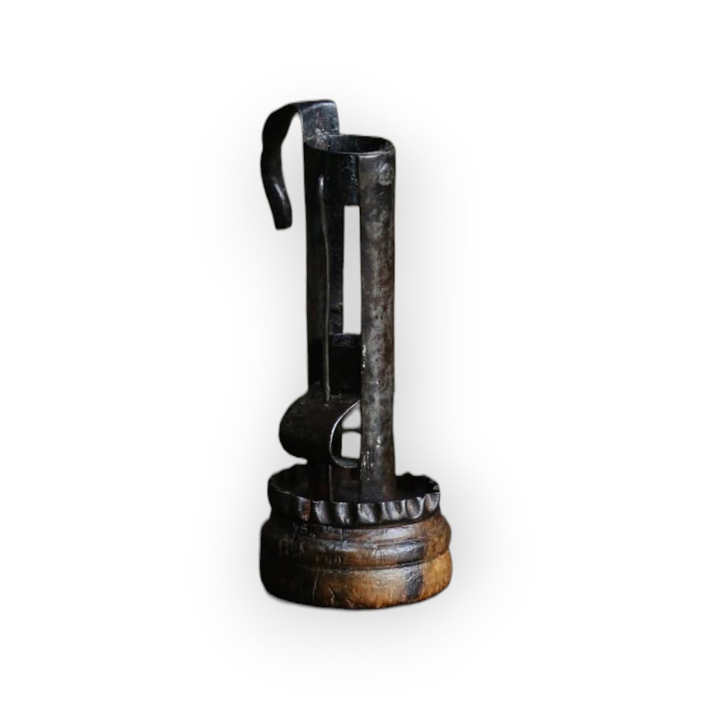 Unusual 18th-Century Antique Iron and Treen Hog-Scraper-Come-Stable-Come-Birdcage Candleholder, circa 1780