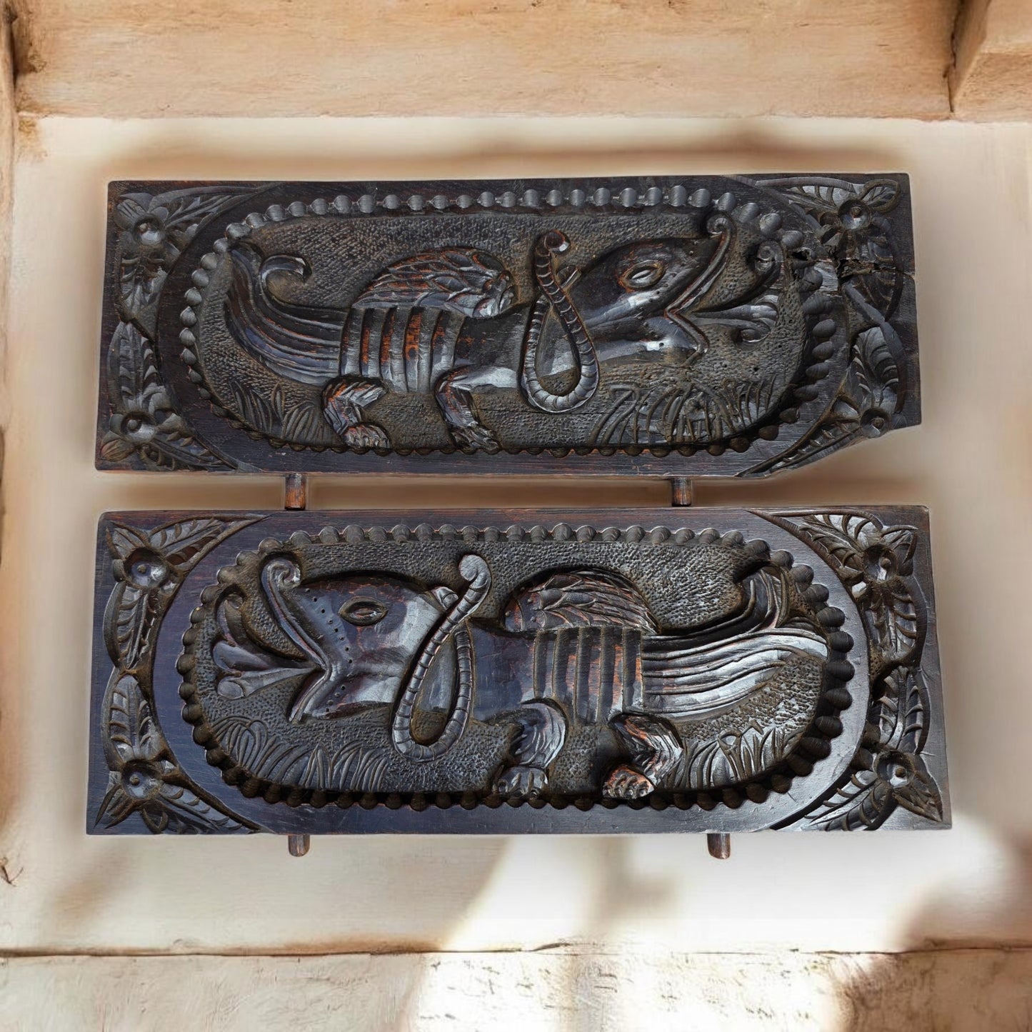 A Fine Pair of Early 17th-Century English Carved Oak Panels Depicting Wyverns, Circa 1600–1640