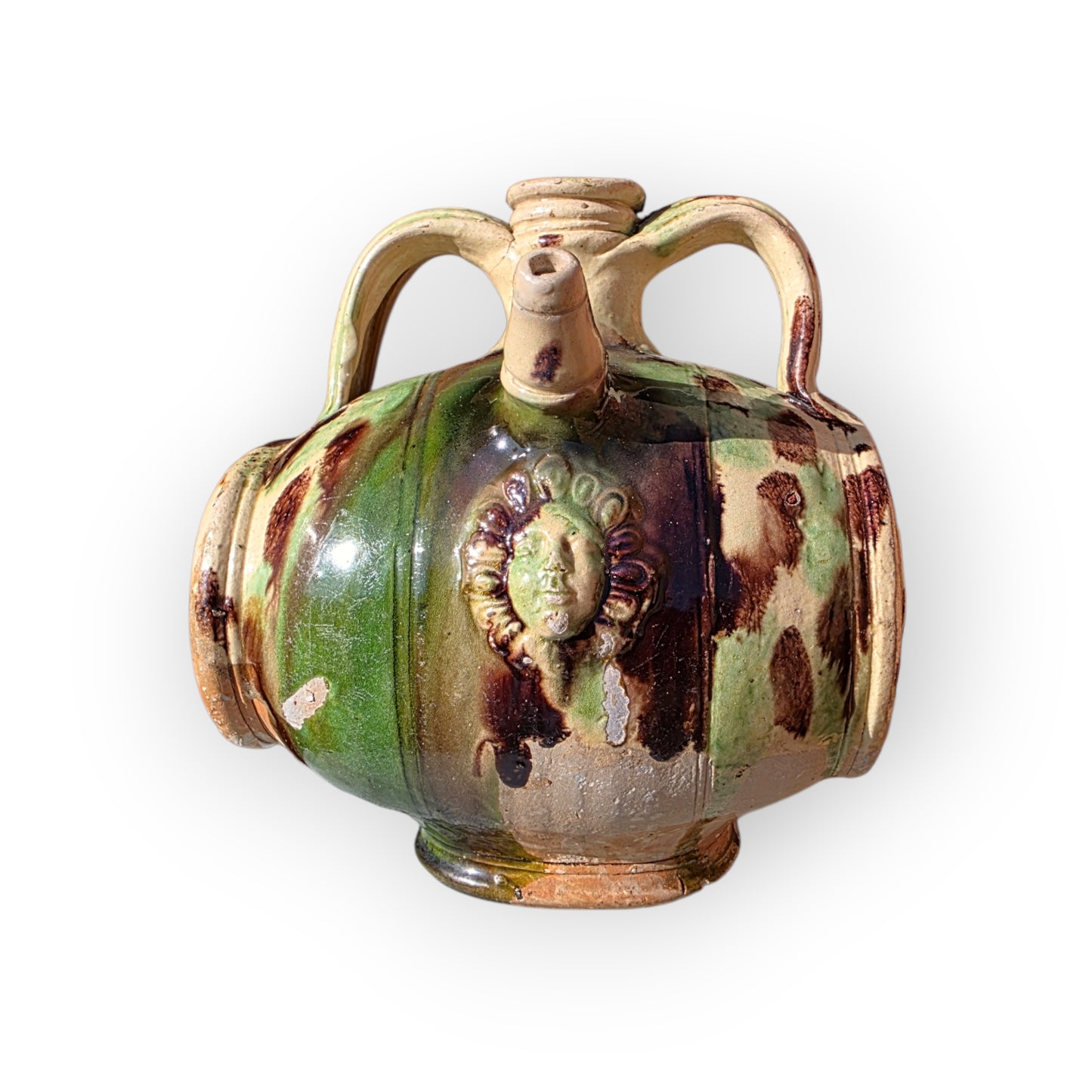 A Rare 17th Century French Saintonge Lead-Glazed Earthenware Costrel, Attributed to La Chapelle-des-Pots, With Applied Mask and Eagle Medallions, Circa 1600-1650