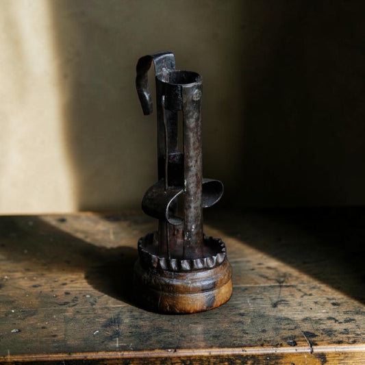 Unusual 18th-Century Antique Iron and Treen Hog-Scraper-Come-Stable-Come-Birdcage Candleholder, circa 1780