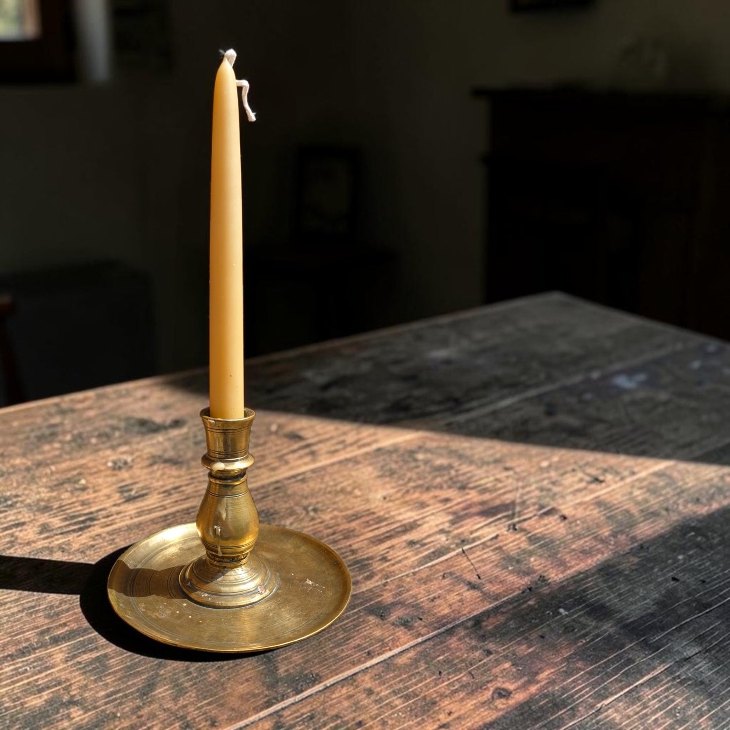 Rare 17th Century Spanish Antique Brass Disc-Base Candlestick, circa 1650–1700