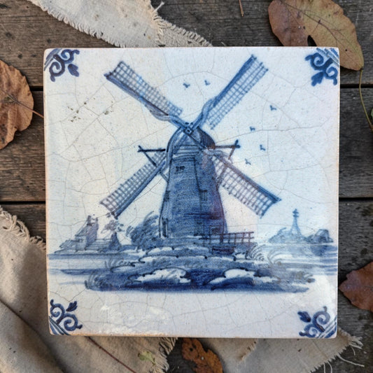 18th‑Century Dutch Antique Delft Windmill Tile, circa 1760-1780
