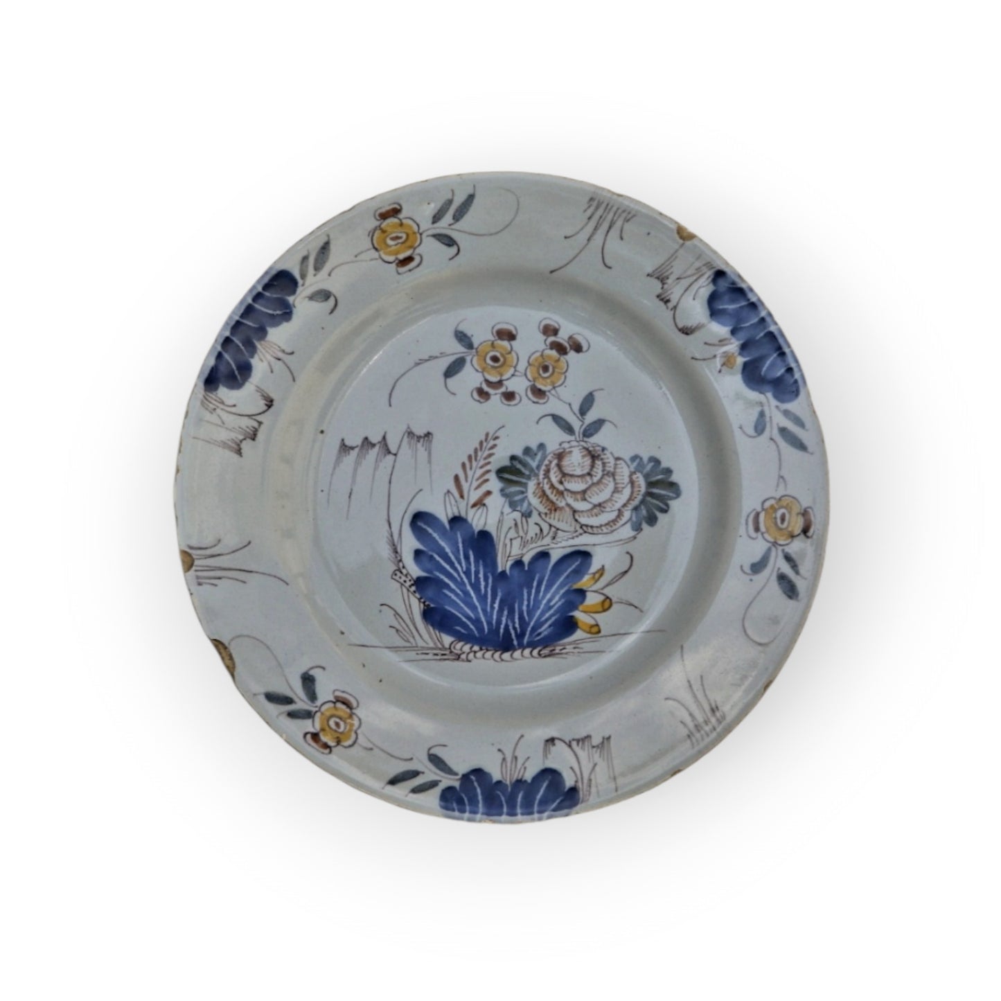 Rare Set of Four Mid 18th Century Antique Delft Plates, Liverpool, Fazackerley Palette, C.1760