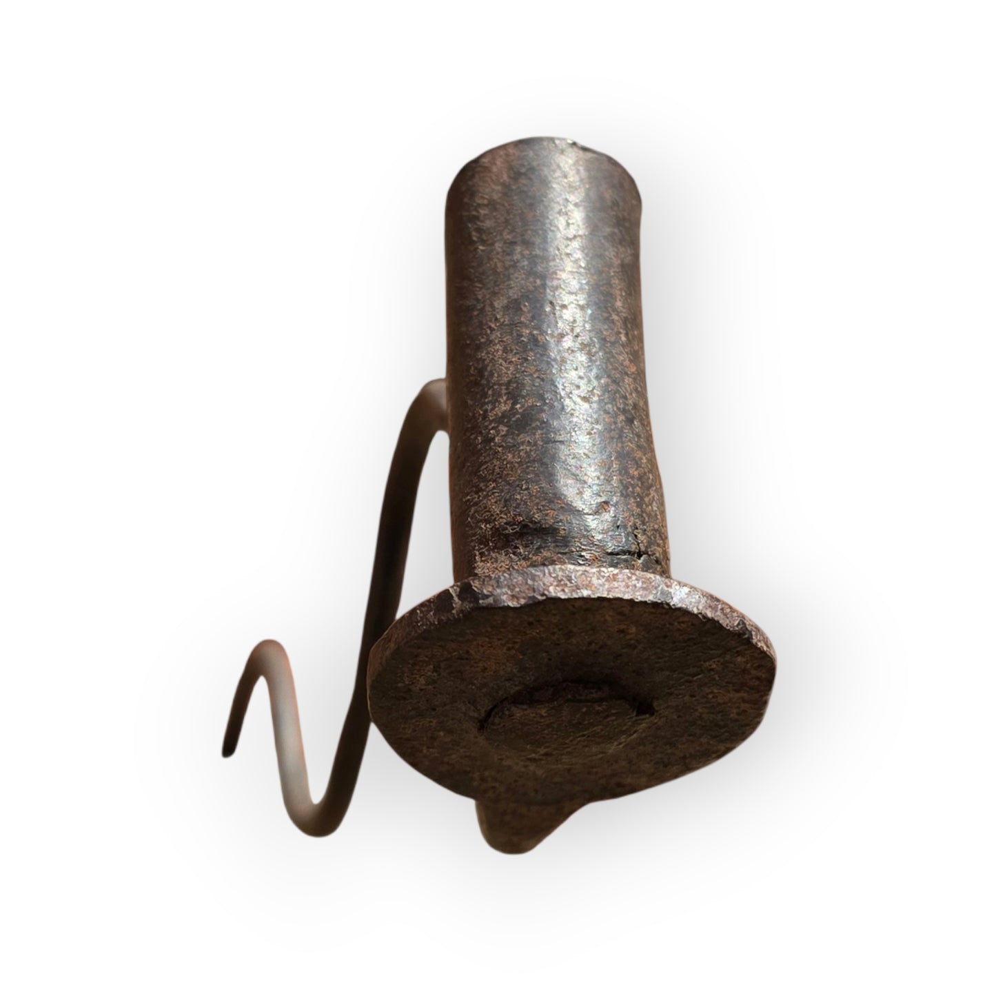 18th‑Century English Antique Wrought‑Iron Candleholder on Wooden Block