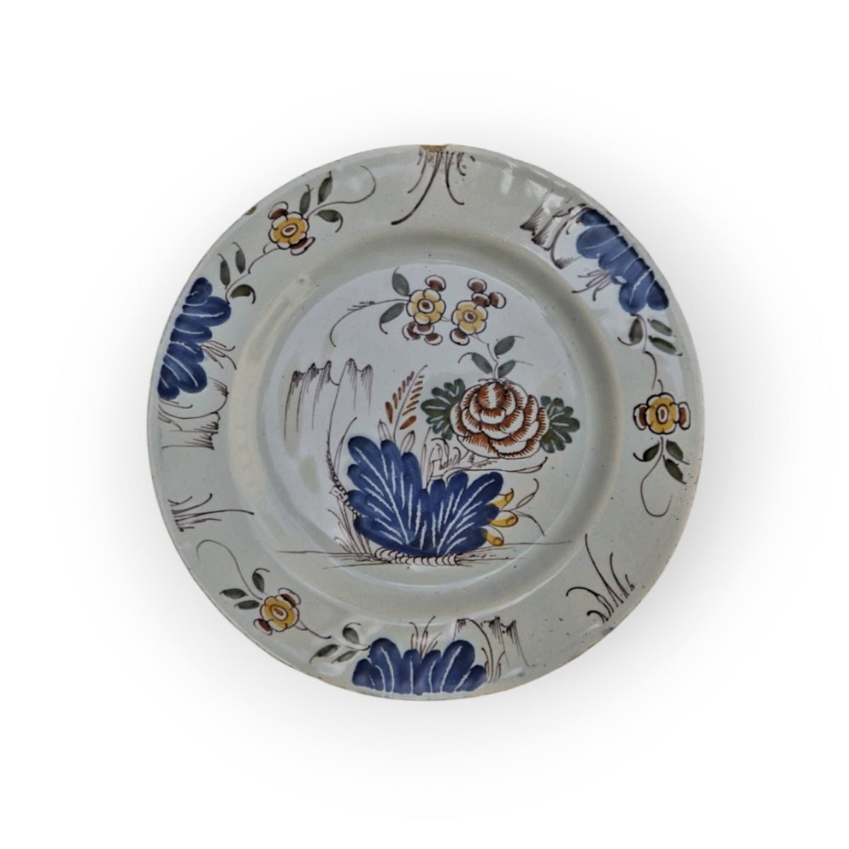 Rare Set of Four Mid 18th Century Antique Delft Plates, Liverpool, Fazackerley Palette, C.1760