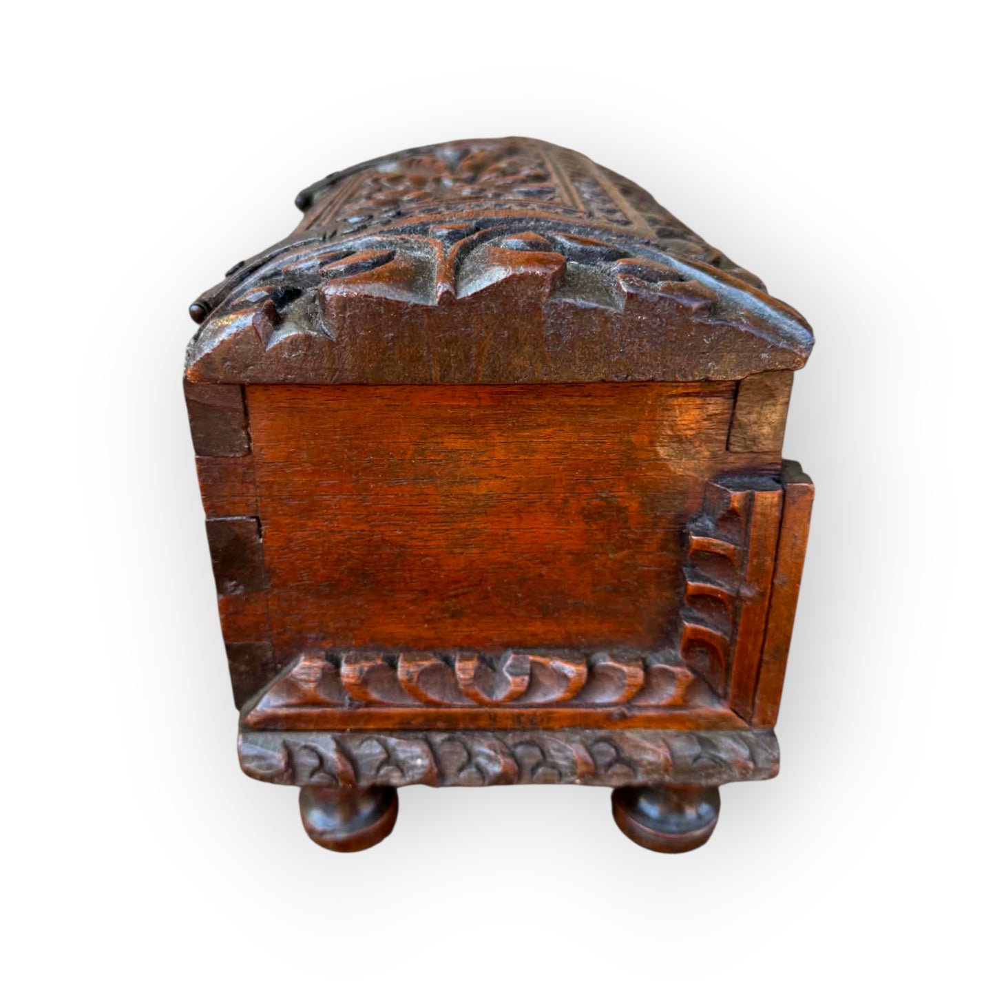 Carved acanthus lunettes and applied corner brackets on probably Iberian 17th century oak table box