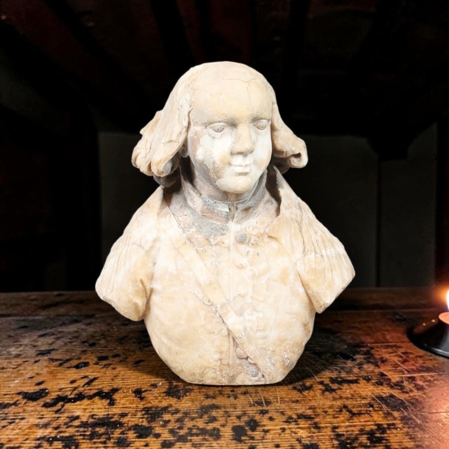 Large 17th Century Continental Antique Alabaster Portrait Bust of a Gentleman