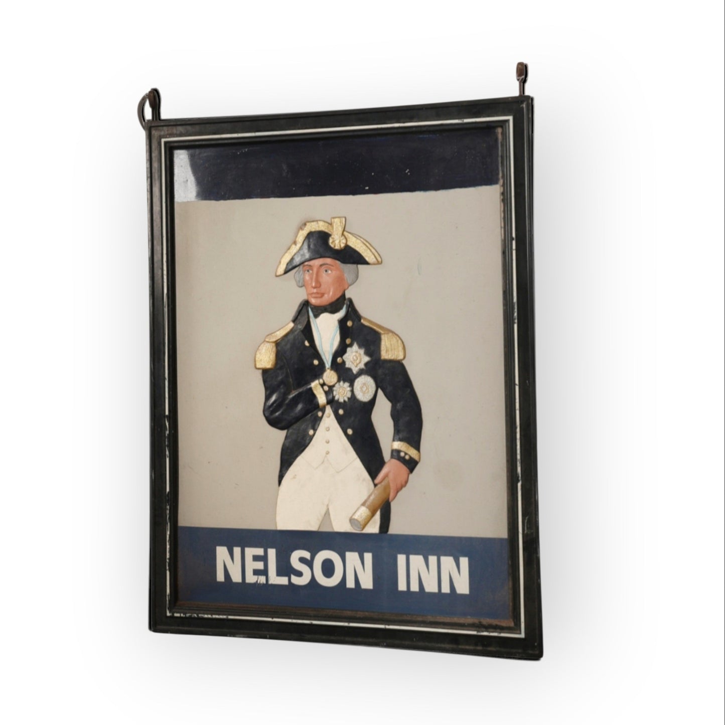 A Fine, Large, Double-Sided English Painted and Relief-Moulded Pub Sign for the Nelson Inn