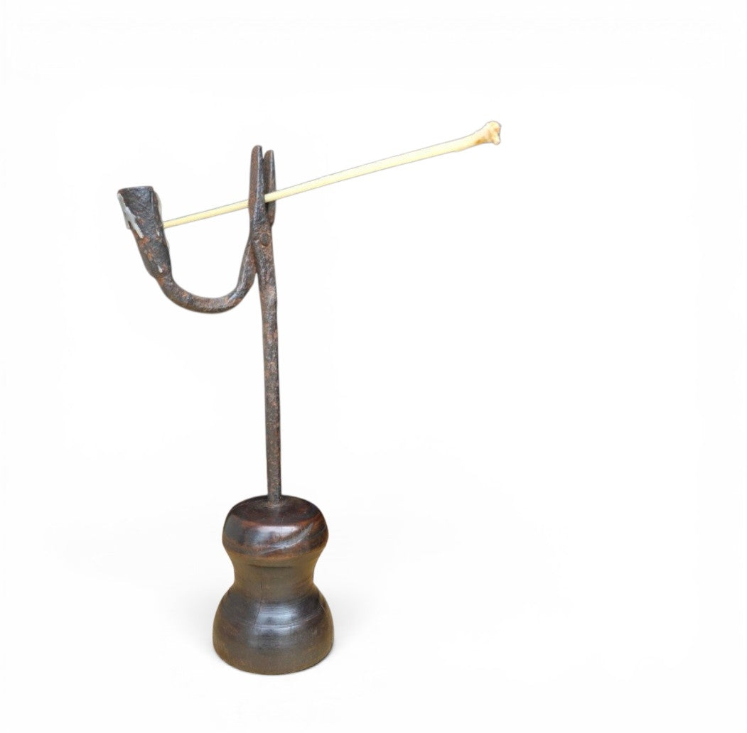18th Century English Antique Wrought Iron Rushlight Holder on Turned Fruitwood Base