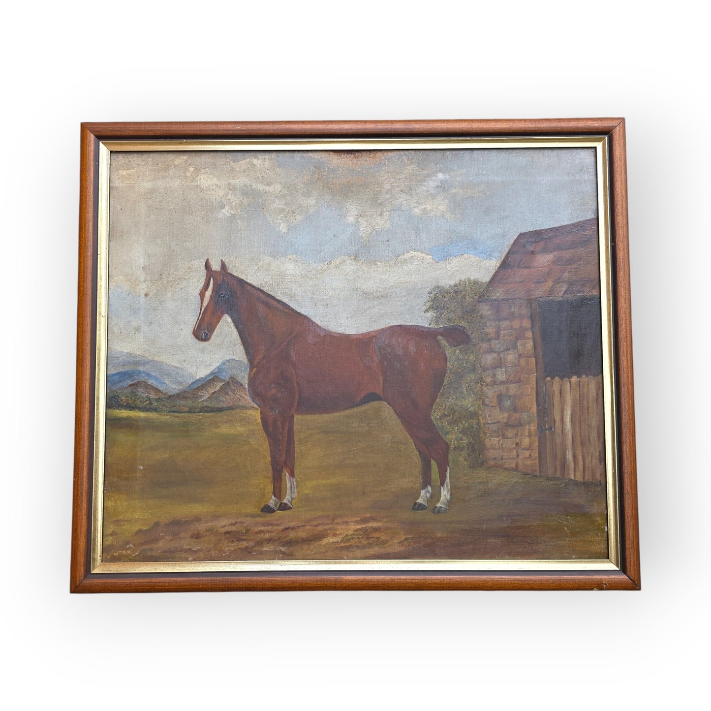 A Primitive 19th-Century English Antique Oil On Canvas Painting / Portrait Of A Bay Horse