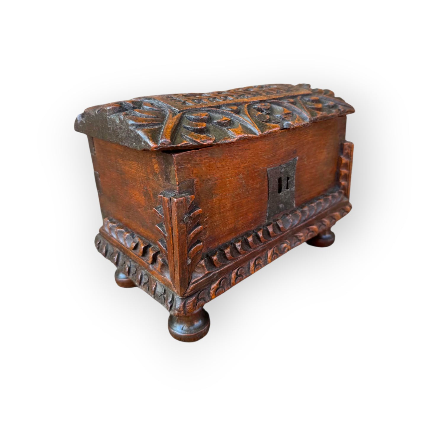A Rare 17th Century Continental Antique Carved Walnut Table Casket with Original Ironwork, circa 1650