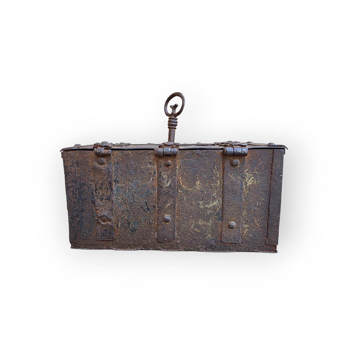 Reverse view of the casket showing the iron strap banding and the key looped over the carrying handle