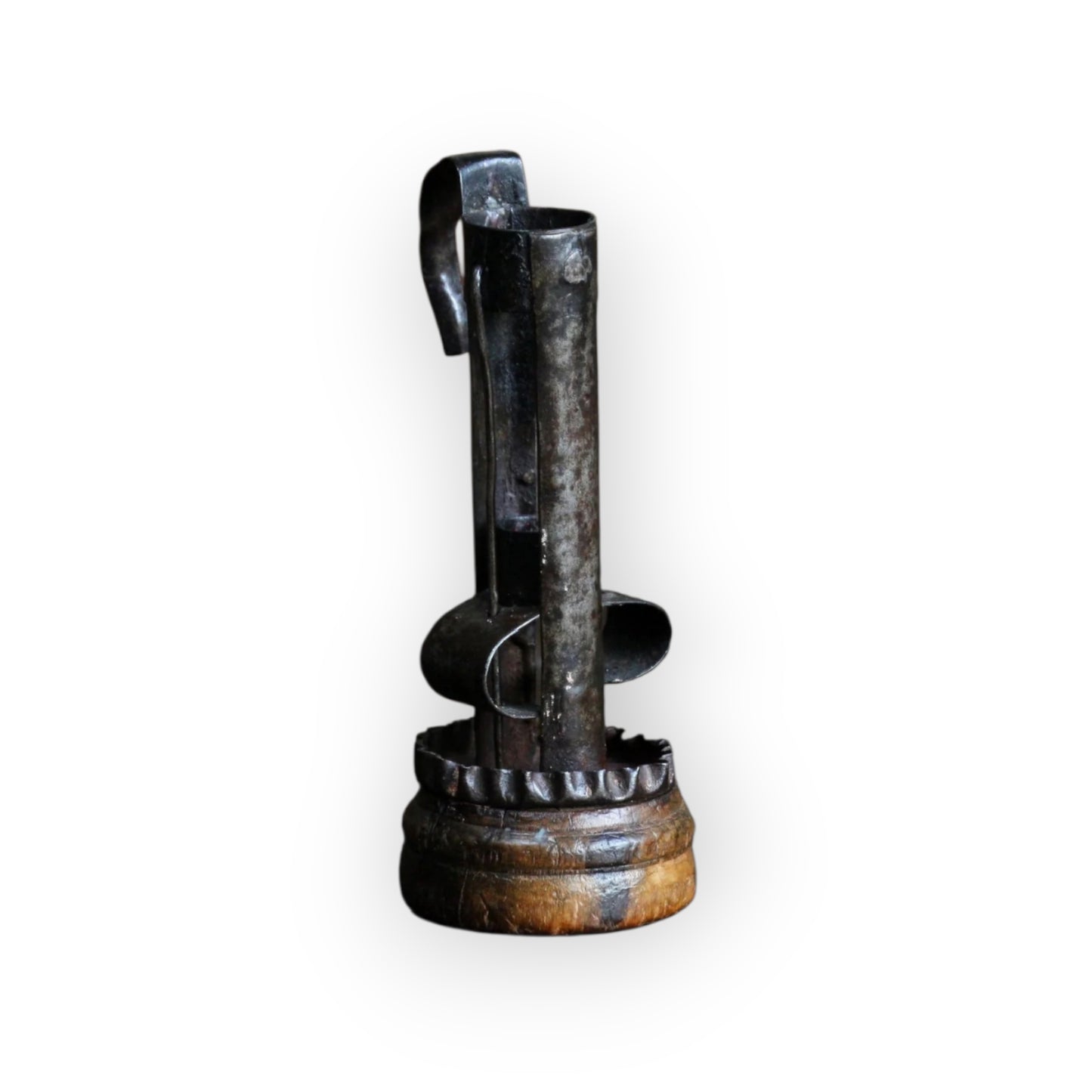 Unusual 18th-Century Antique Iron and Treen Hog-Scraper-Come-Stable-Come-Birdcage Candleholder, circa 1780