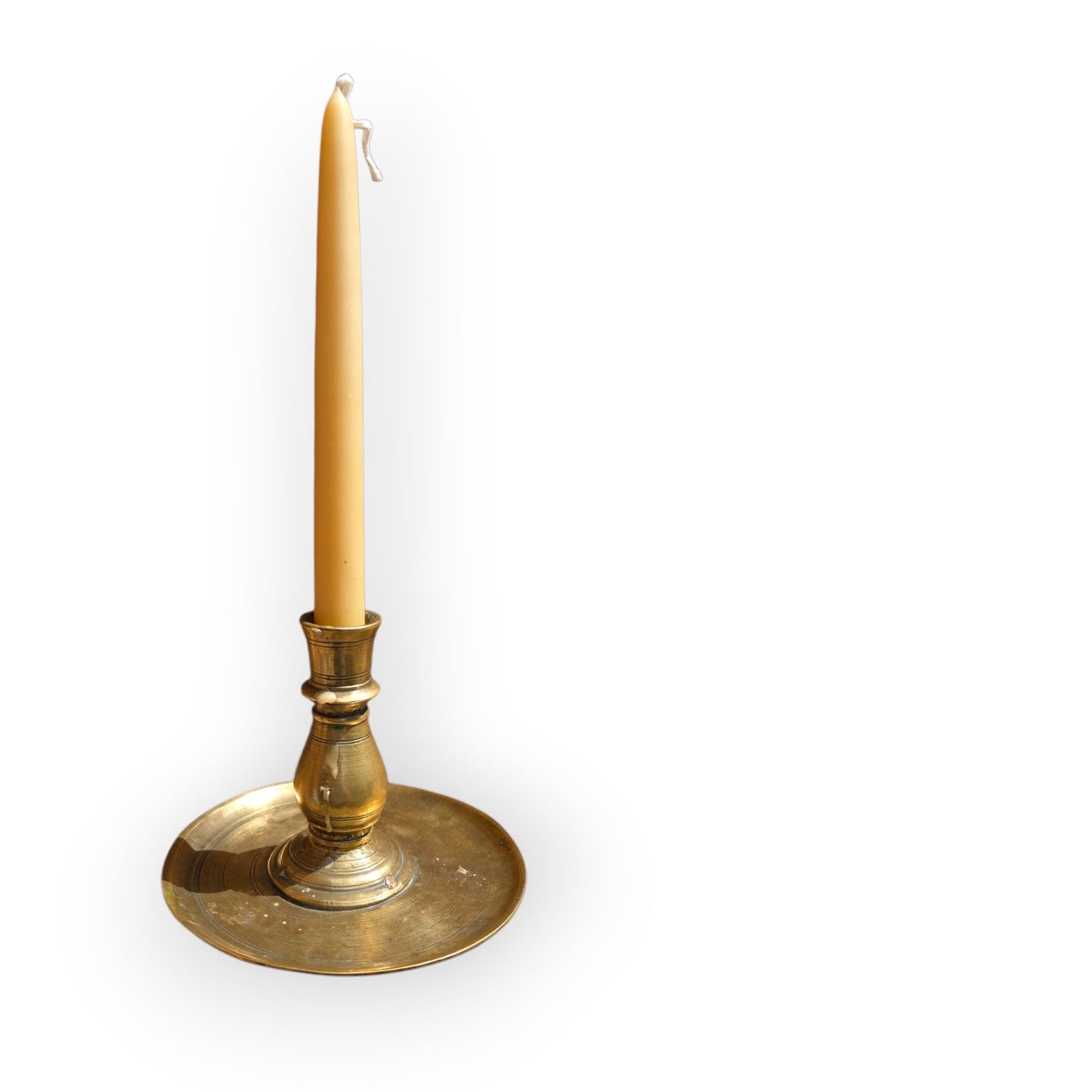 Rare 17th Century Spanish Antique Brass Disc-Base Candlestick, circa 1650–1700