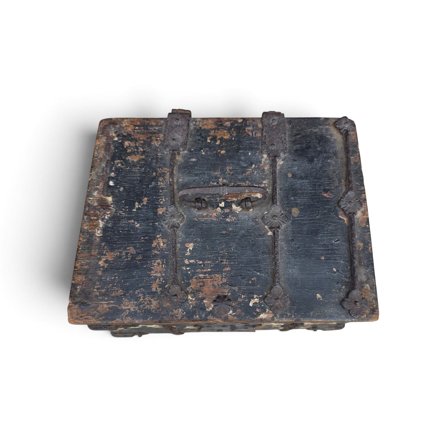 A Time-Worn Diminutive 16th/Early 17th Century Antique Iron-Bound Missal Box or Coffrets de Messager with Traces of Original Paint, Probably German or French