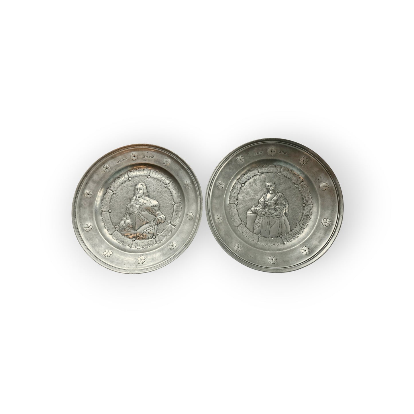 Rare Pair of 17th-Century Antique Pewter Chargers Depicting King Charles I & Henrietta Maria