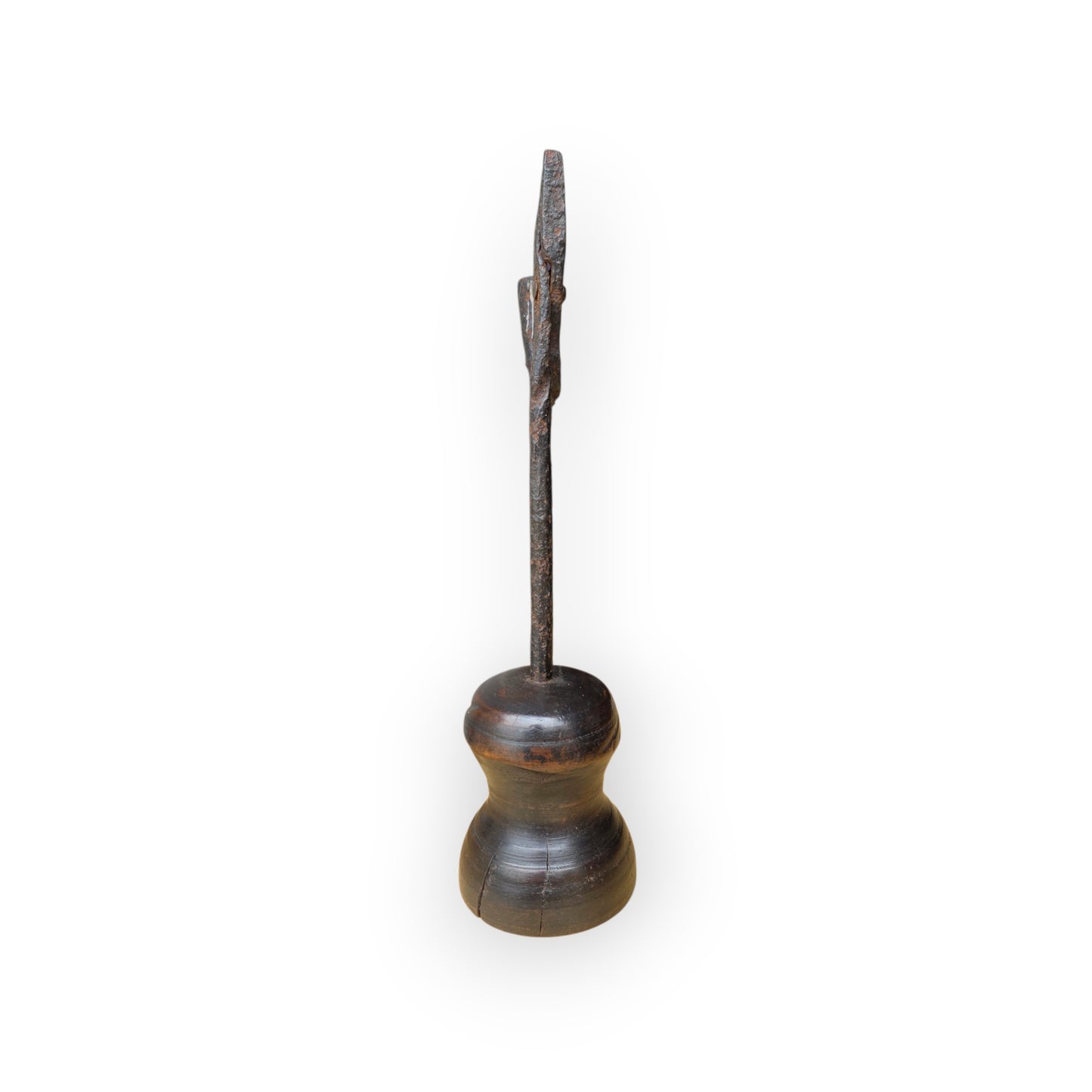 18th Century English Antique Wrought Iron Rushlight Holder on Turned Fruitwood Base