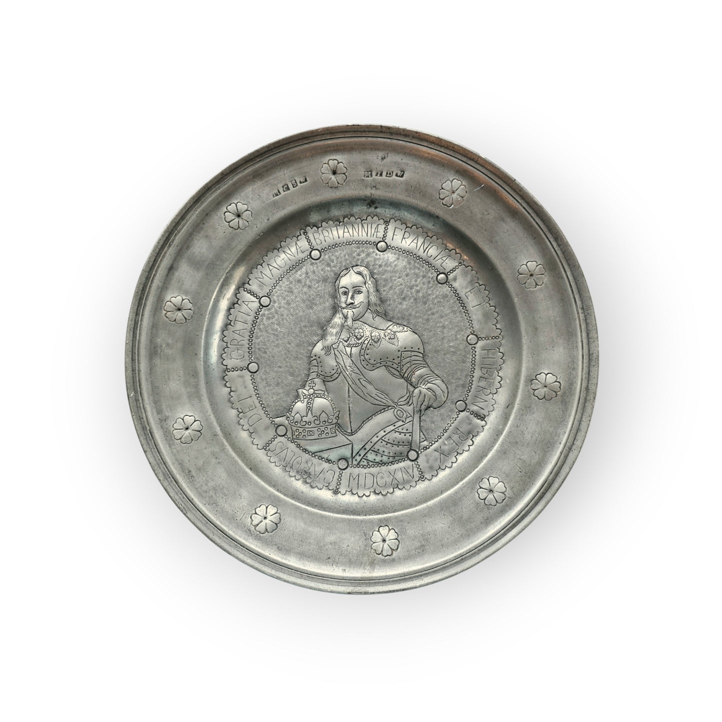 Rare Pair of 17th-Century Antique Pewter Chargers Depicting King Charles I & Henrietta Maria