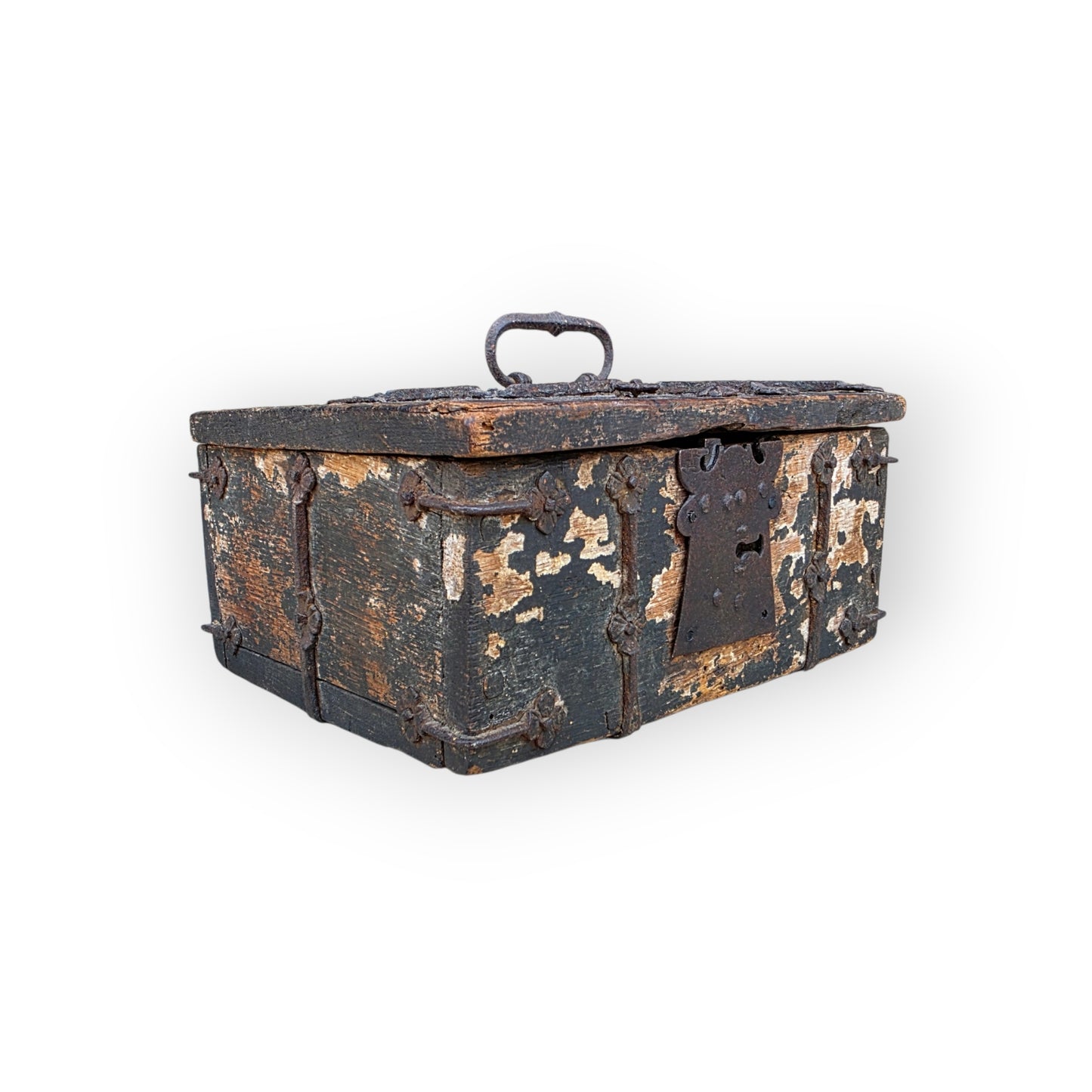 A Time-Worn Diminutive 16th/Early 17th Century Antique Iron-Bound Missal Box or Coffrets de Messager with Traces of Original Paint, Probably German or French