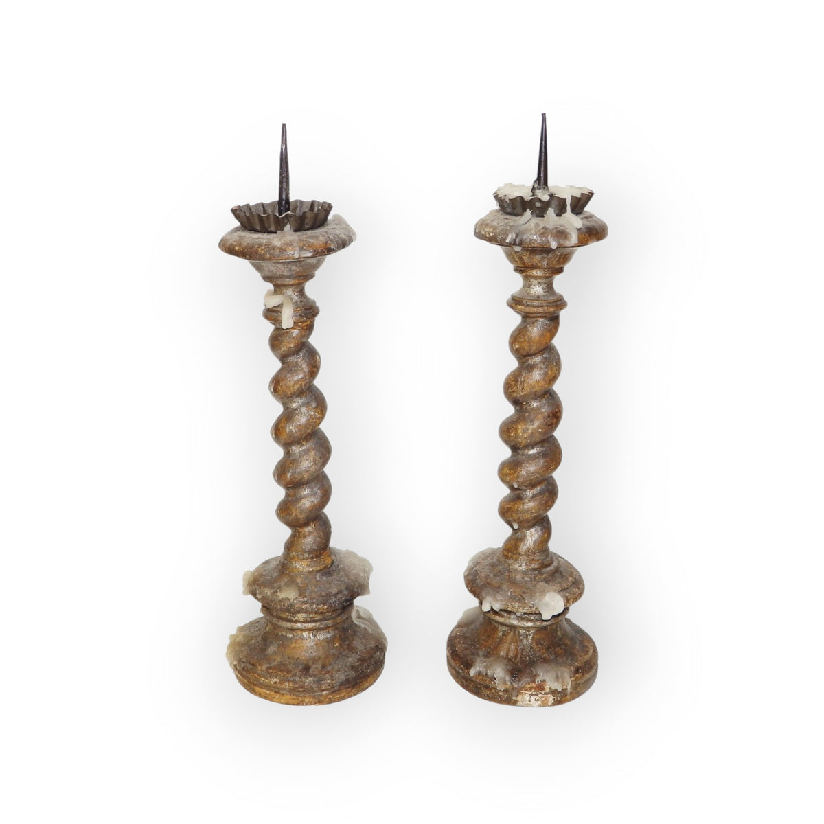 A Pair of 18th Century Continental Antique Giltwood and Silvered Wood Spiral-Twist Pricket Candlesticks, Probably Italian or Iberian