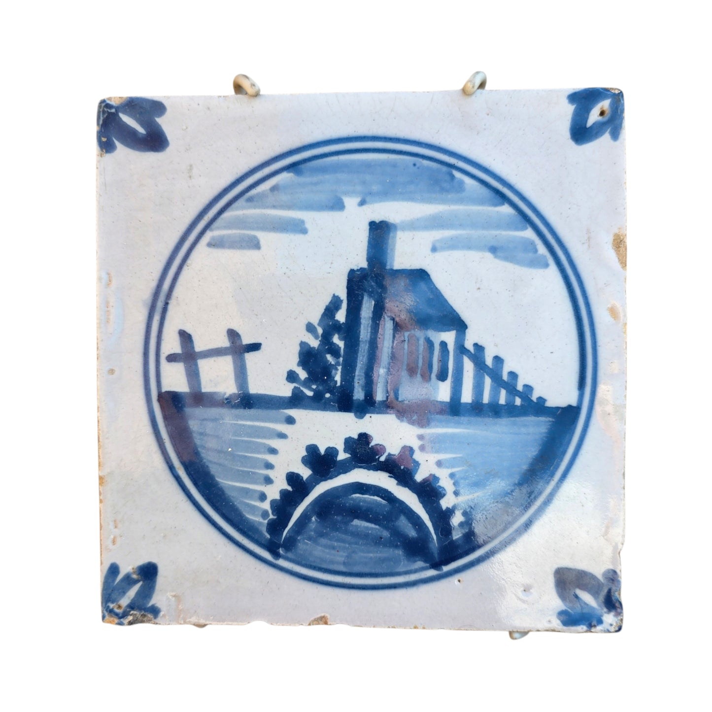 18th‑Century Dutch Antique Delft Landscape Tile, circa 1750