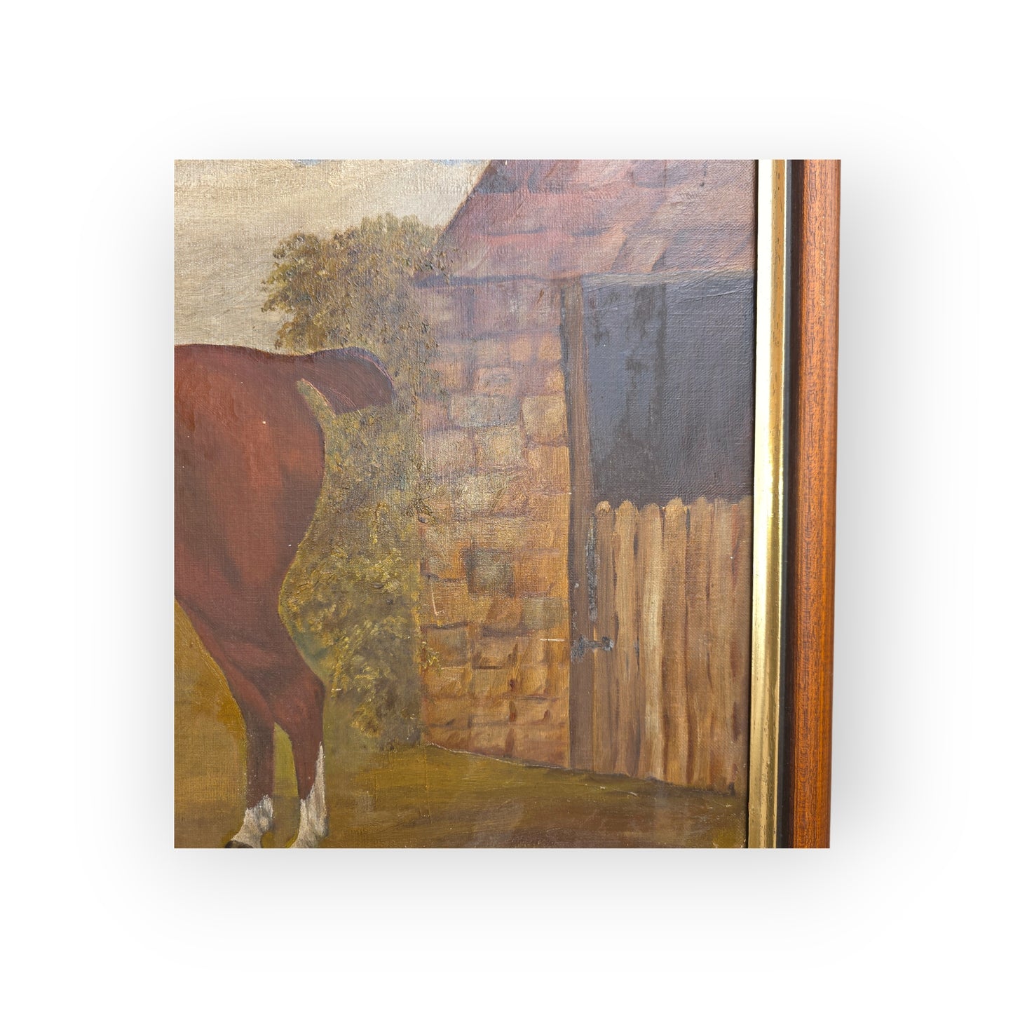 A Primitive 19th-Century English Antique Oil On Canvas Painting / Portrait Of A Bay Horse