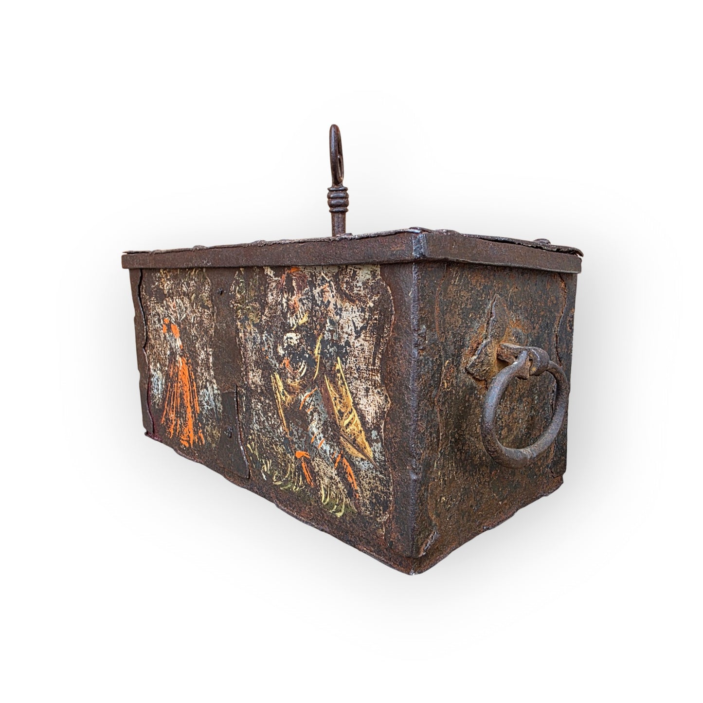Three-quarter view of a Nuremberg iron casket showing the side carrying ring and hinged ring handle to the lid